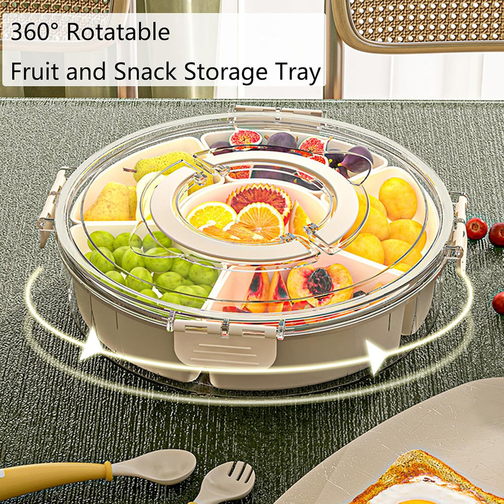 AEELLEEA Rotating Snack Tray with Lid and Handle, 6 Compartment Round Divided Serving Platter, Clear Covered Box for Fruit Nuts Candy