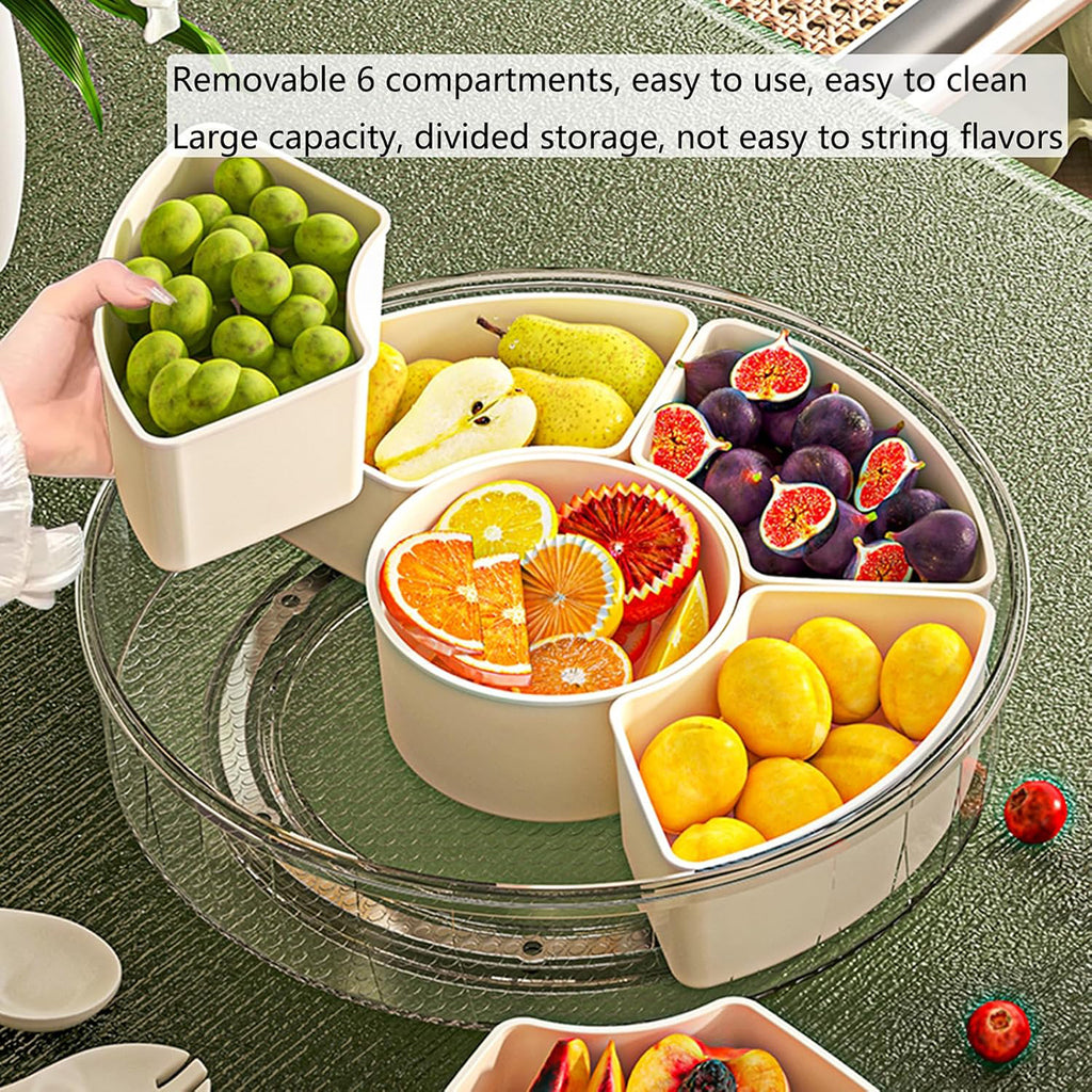 AEELLEEA Rotating Snack Tray with Lid and Handle, 6 Compartment Round Divided Serving Platter, Clear Covered Box for Fruit Nuts Candy