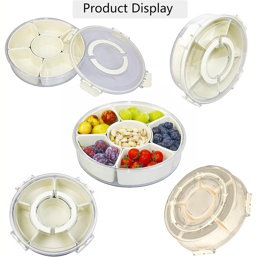 AEELLEEA Rotating Snack Tray with Lid and Handle, 6 Compartment Round Divided Serving Platter, Clear Covered Box for Fruit Nuts Candy
