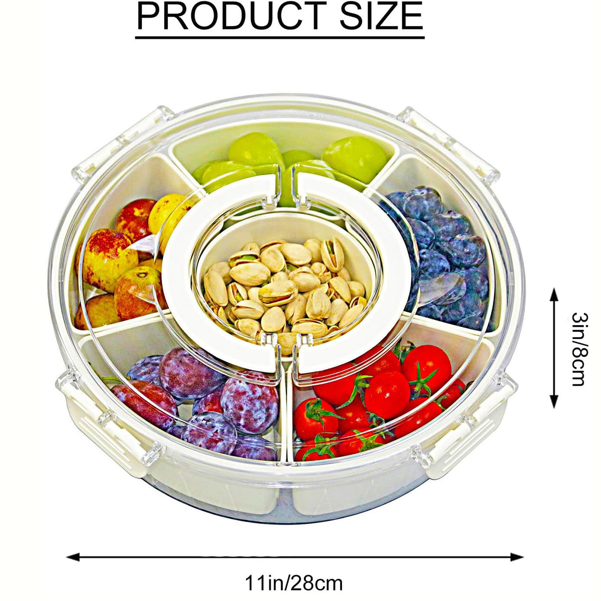 AEELLEEA Rotating Snack Tray with Lid and Handle, 6 Compartment Round Divided Serving Platter, Clear Covered Box for Fruit Nuts Candy