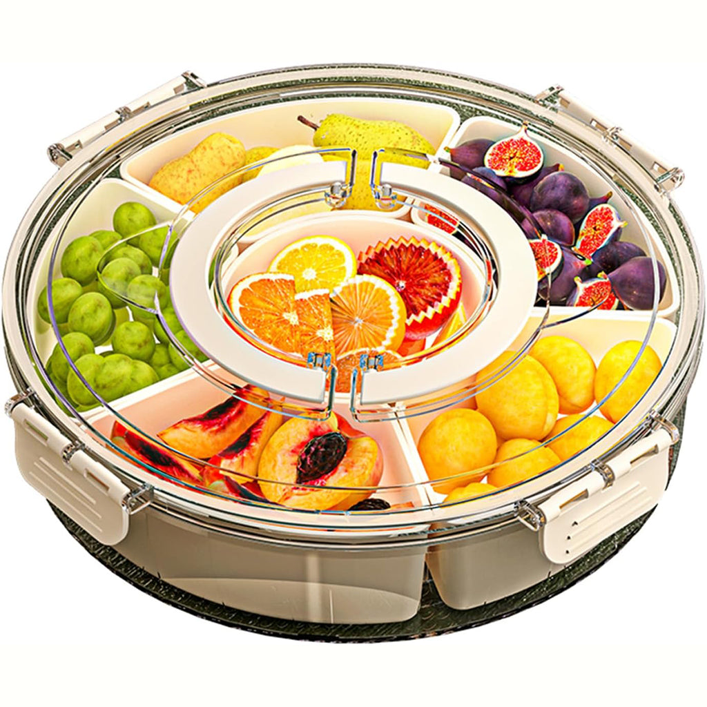 AEELLEEA Rotating Snack Tray with Lid and Handle, 6 Compartment Round Divided Serving Platter, Clear Covered Box for Fruit Nuts Candy