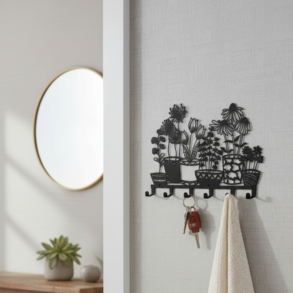 AEELLEEA Metal Floral Wall Hooks, Black Decorative Flower Key Holder with 7 Hooks, Wall Mount Rack for Entryway Bathroom Kitchen