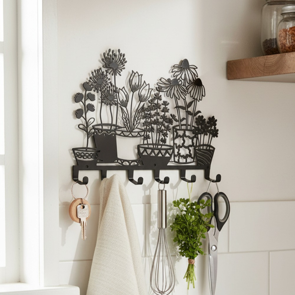 AEELLEEA Metal Floral Wall Hooks, Black Decorative Flower Key Holder with 7 Hooks, Wall Mount Rack for Entryway Bathroom Kitchen