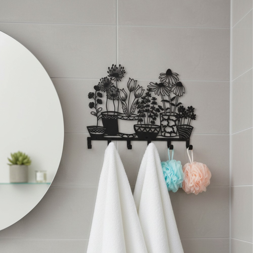 AEELLEEA Metal Floral Wall Hooks, Black Decorative Flower Key Holder with 7 Hooks, Wall Mount Rack for Entryway Bathroom Kitchen