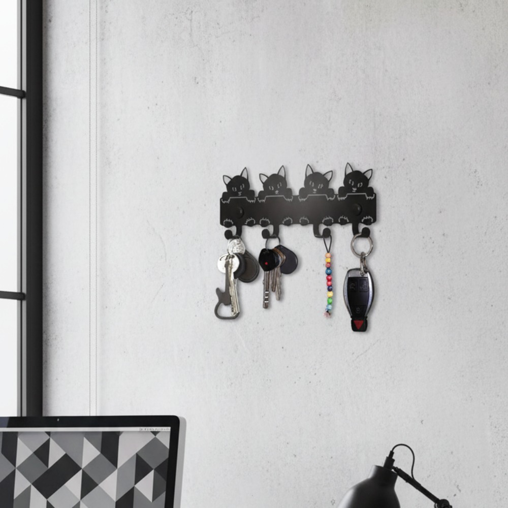 AEELLEEA Cat Wall Hooks, Black Metal Cute Cat Key Holder with 4 Hooks, Decorative Wall Mount Rack for Entryway Kitchen Cat Lover Gift