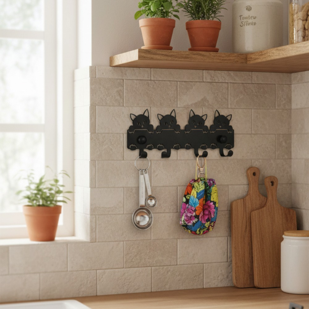 AEELLEEA Cat Wall Hooks, Black Metal Cute Cat Key Holder with 4 Hooks, Decorative Wall Mount Rack for Entryway Kitchen Cat Lover Gift