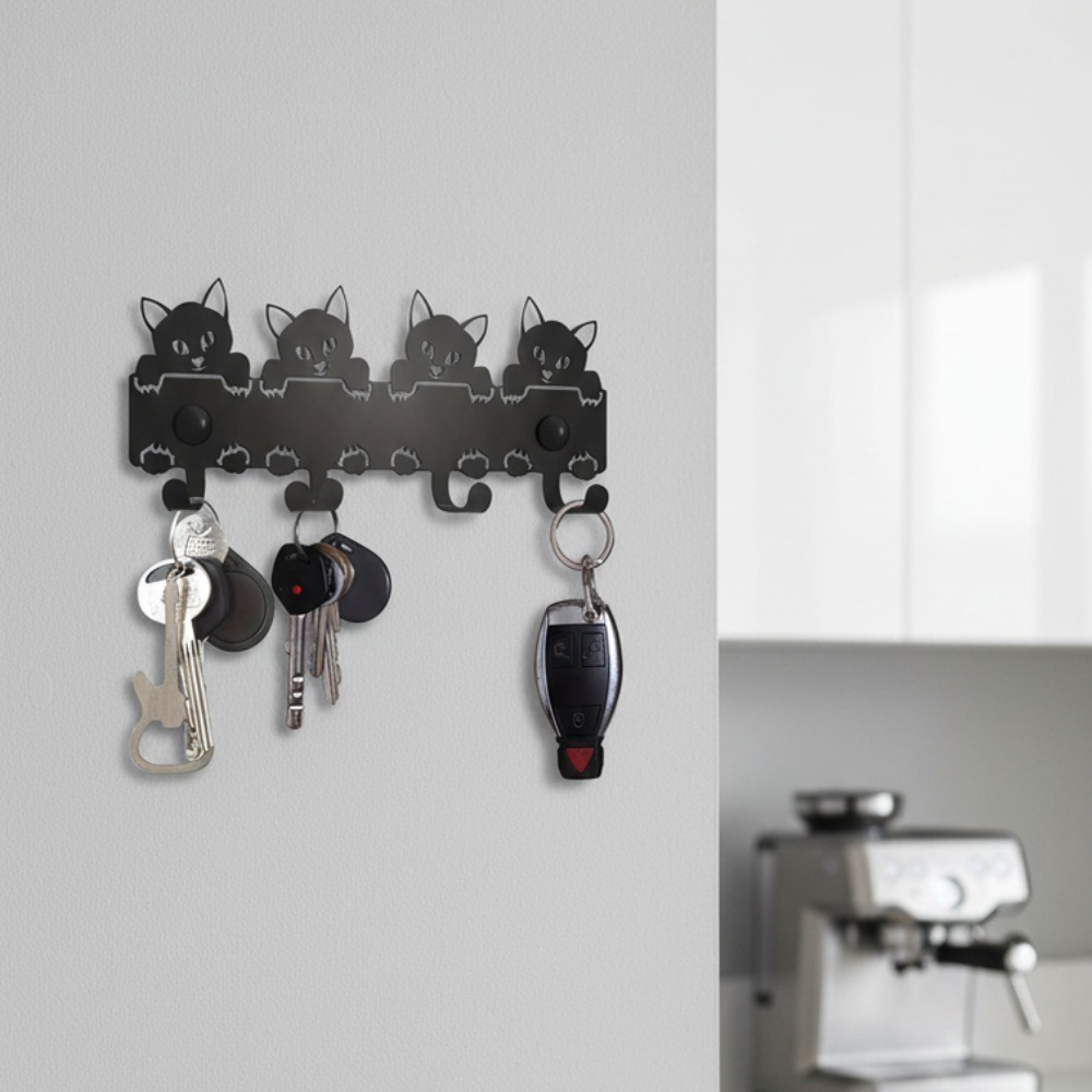 AEELLEEA Cat Wall Hooks, Black Metal Cute Cat Key Holder with 4 Hooks, Decorative Wall Mount Rack for Entryway Kitchen Cat Lover Gift