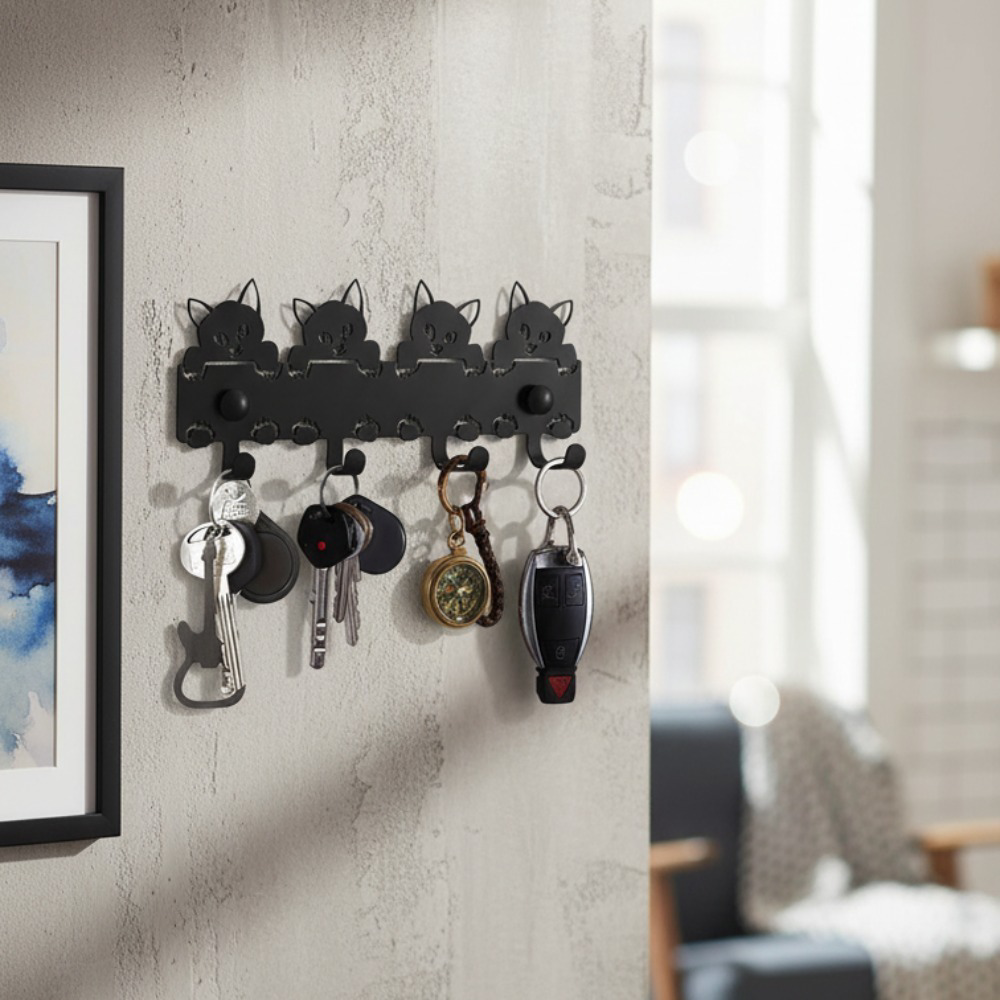 AEELLEEA Cat Wall Hooks, Black Metal Cute Cat Key Holder with 4 Hooks, Decorative Wall Mount Rack for Entryway Kitchen Cat Lover Gift
