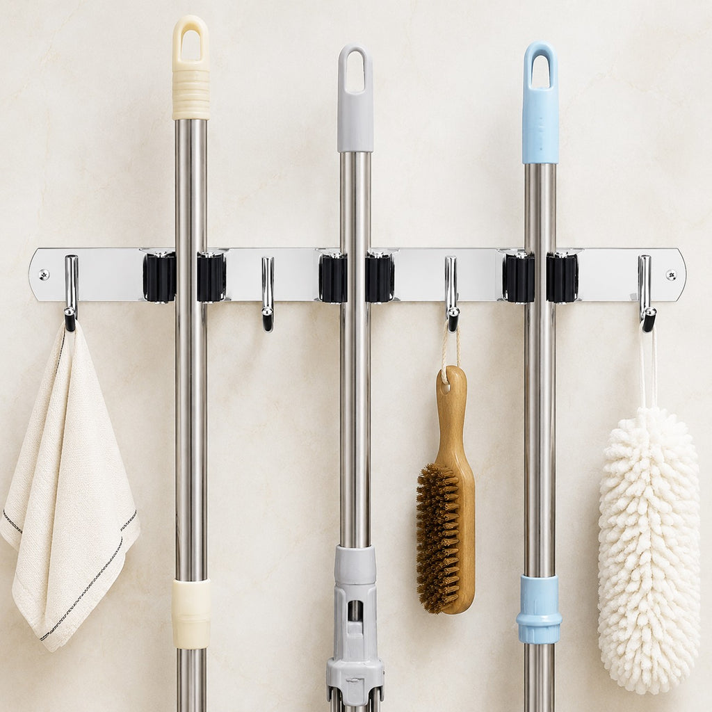 AEELLEEA Broom Mop Holder Wall Mount, 304 Stainless Steel 3 Slots 4 Hooks, Adhesive or Screw Garage Laundry Garden Tool Organizer