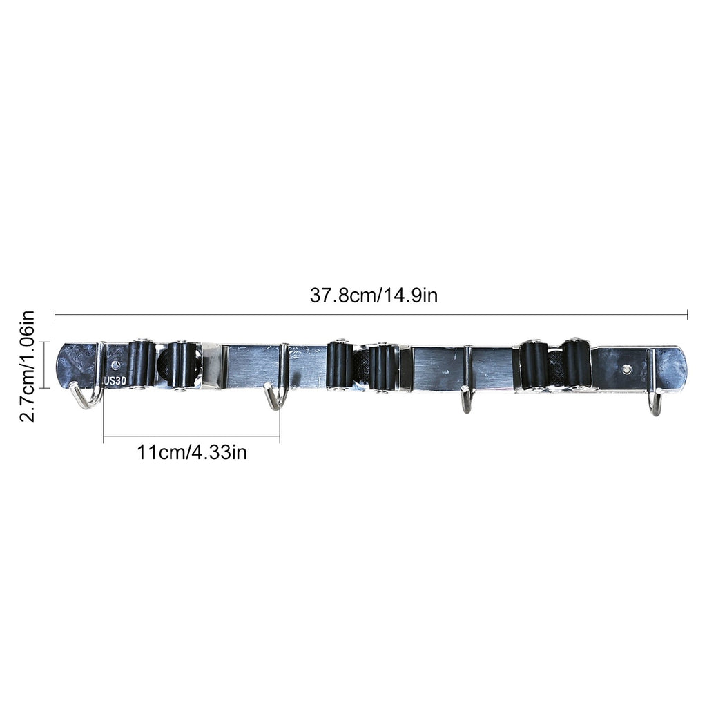 AEELLEEA Broom Mop Holder Wall Mount, 304 Stainless Steel 3 Slots 4 Hooks, Adhesive or Screw Garage Laundry Garden Tool Organizer