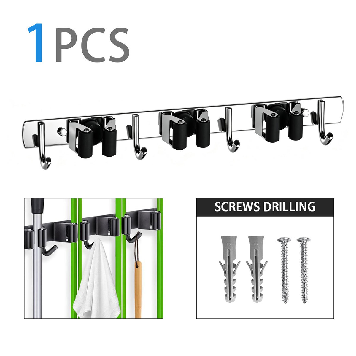 AEELLEEA Broom Mop Holder Wall Mount, 304 Stainless Steel 3 Slots 4 Hooks, Adhesive or Screw Garage Laundry Garden Tool Organizer