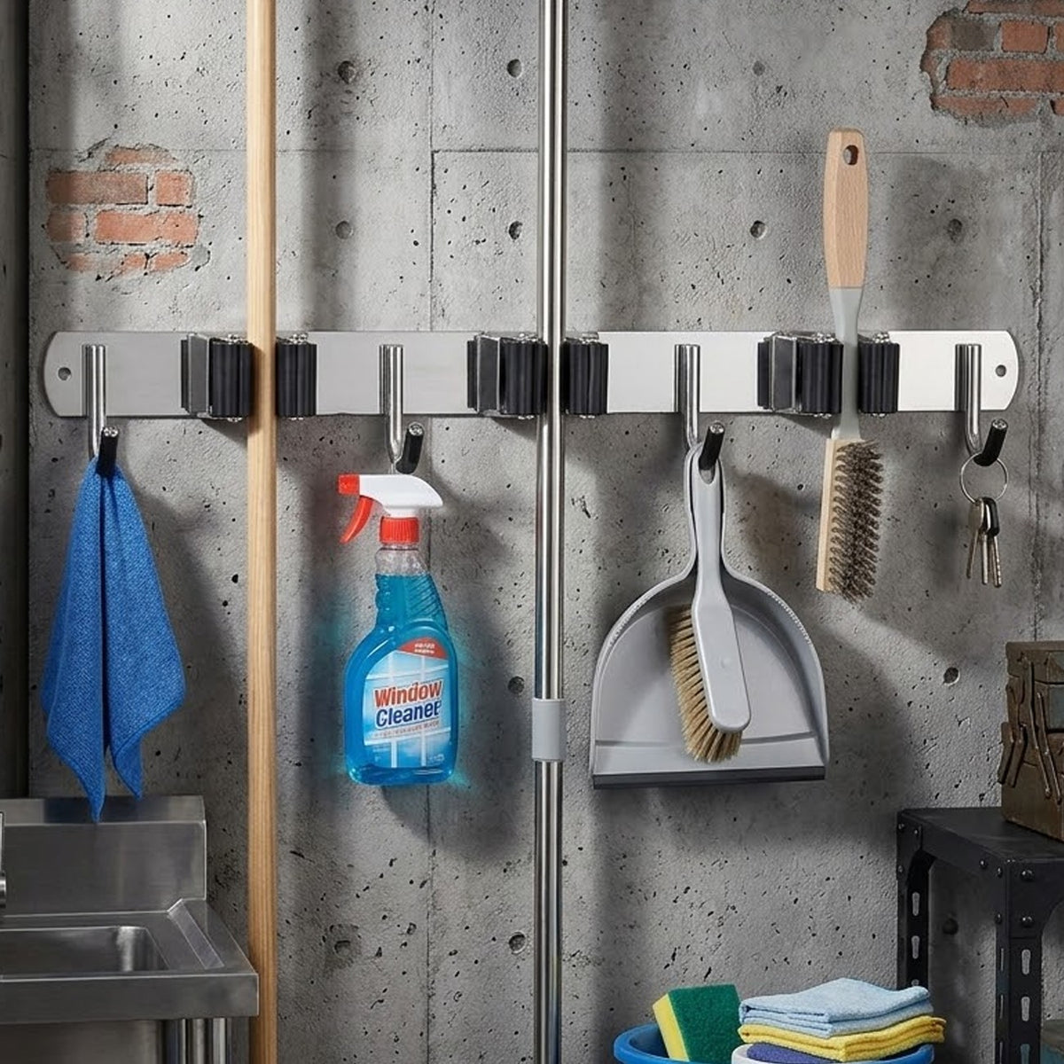 AEELLEEA Broom Mop Holder Wall Mount, 304 Stainless Steel 3 Slots 4 Hooks, Adhesive or Screw Garage Laundry Garden Tool Organizer