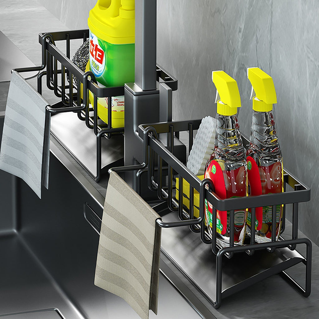 AEELLEEA Sink Caddy Countertop, Black Carbon Steel Sponge Holder with Brush Holder, Towel Rod and Drain Tray, Kitchen Sink Organizer