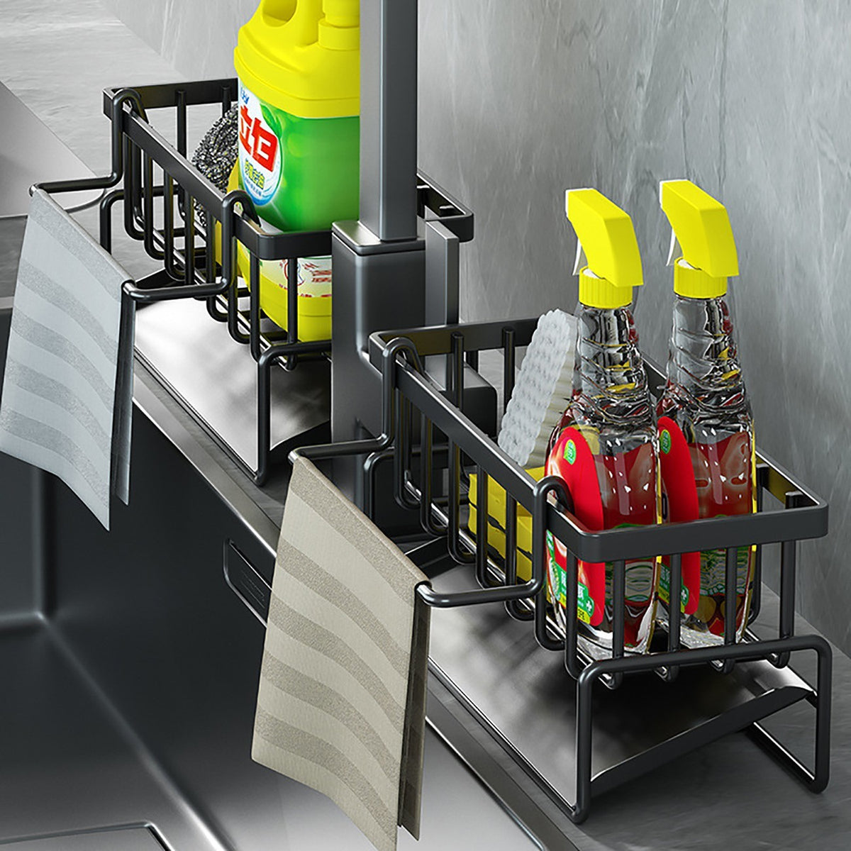 AEELLEEA Sink Caddy Countertop, Black Carbon Steel Sponge Holder with Brush Holder, Towel Rod and Drain Tray, Kitchen Sink Organizer
