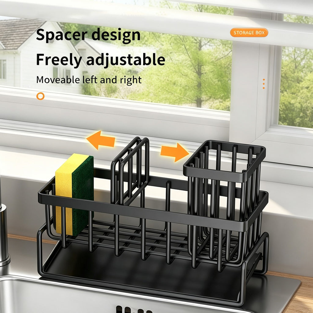 AEELLEEA Sink Caddy Countertop, Black Carbon Steel Sponge Holder with Brush Holder, Towel Rod and Drain Tray, Kitchen Sink Organizer