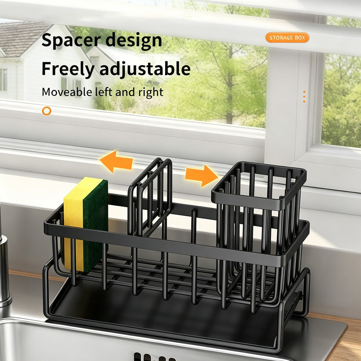 AEELLEEA Sink Caddy Countertop, Black Carbon Steel Sponge Holder with Brush Holder, Towel Rod and Drain Tray, Kitchen Sink Organizer