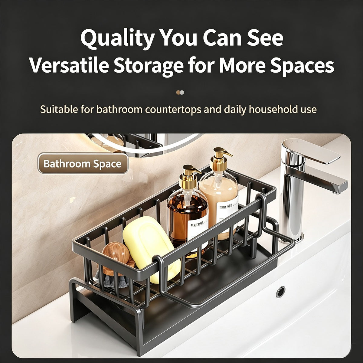 AEELLEEA Sink Caddy Countertop, Black Carbon Steel Sponge Holder with Brush Holder, Towel Rod and Drain Tray, Kitchen Sink Organizer