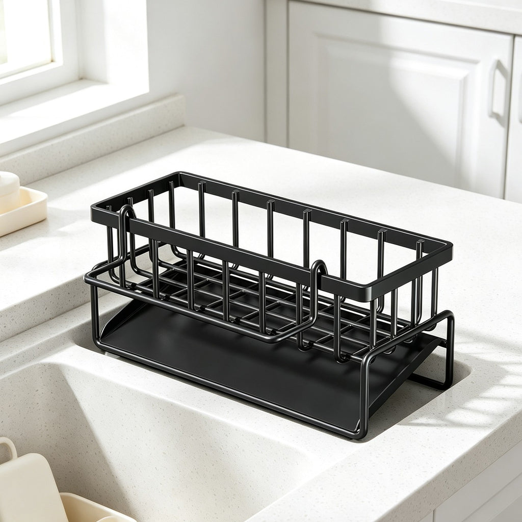 AEELLEEA Sink Caddy Countertop, Black Carbon Steel Sponge Holder with Brush Holder, Towel Rod and Drain Tray, Kitchen Sink Organizer