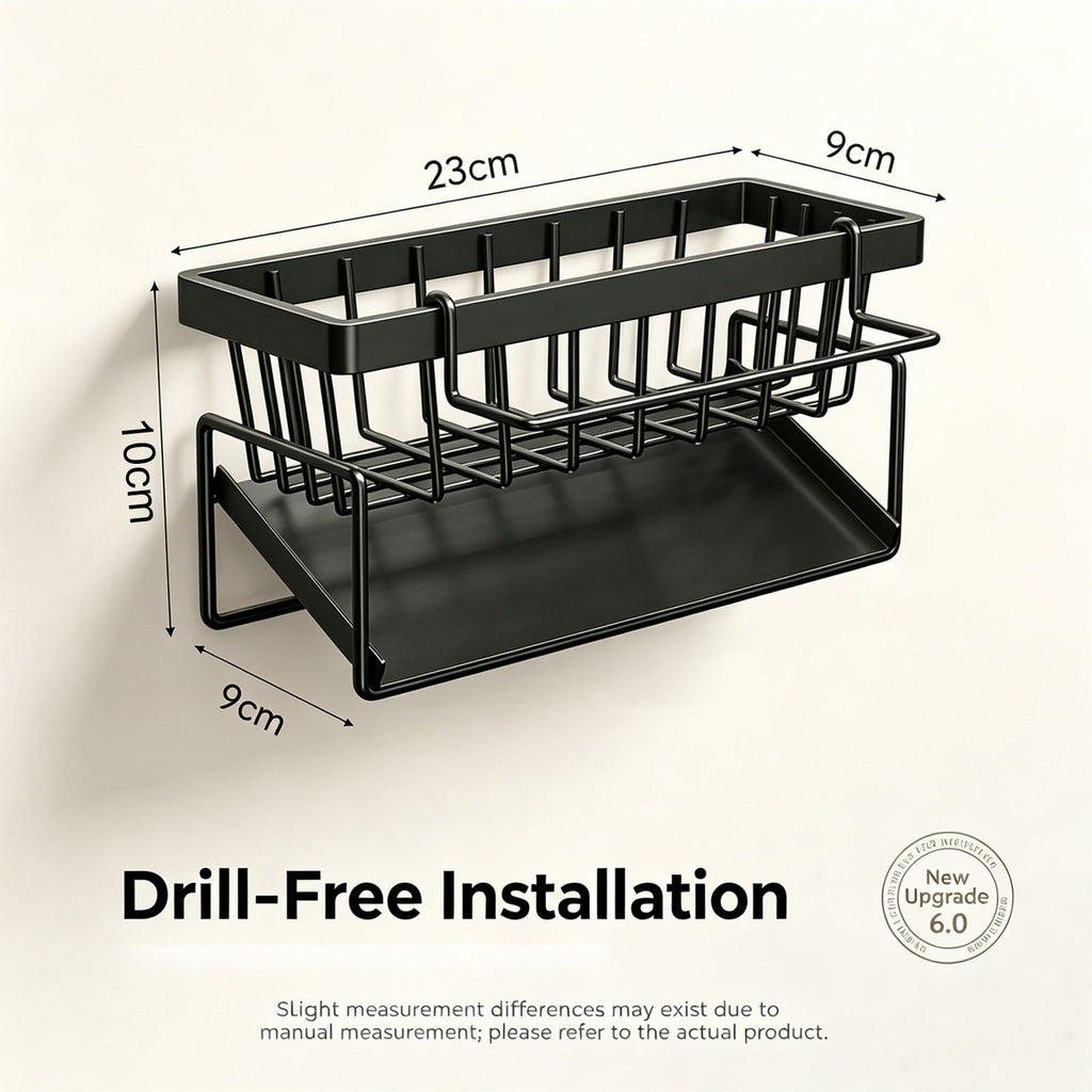 AEELLEEA Sink Caddy Countertop, Black Carbon Steel Sponge Holder with Brush Holder, Towel Rod and Drain Tray, Kitchen Sink Organizer