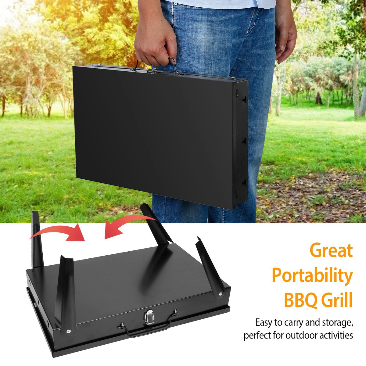AEELLEEA Portable Charcoal Grill, Foldable Briefcase BBQ Grill with 3 Heights, Fork and Spatula, Black Iron for Camping Picnic