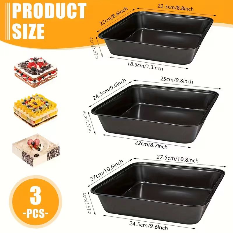 AEELLEEA 3 Pack Non Stick Baking Pans, Carbon Steel Rectangular Deep Cake Pans, 3 Sizes Oven Bakeware for Brownies Bread Lasagna