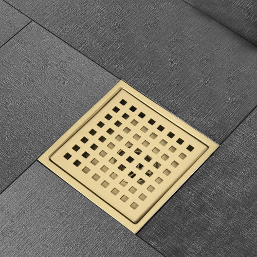 AEELLEEA Brushed Gold Square Shower Floor Drain, 5.9 Inch SUS304 Stainless Steel, Anti-Odor Removable Grate with Flange for Bathroom
