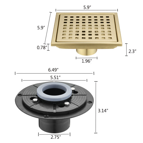 AEELLEEA Brushed Gold Square Shower Floor Drain, 5.9 Inch SUS304 Stainless Steel, Anti-Odor Removable Grate with Flange for Bathroom