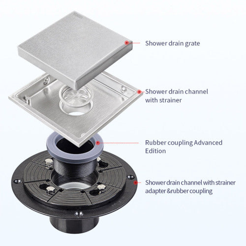 AEELLEEA 6 Inch Square Shower Drain, Stainless Steel Invisible Tile Insert Floor Drain with Adjustable Base for Bathroom Shower