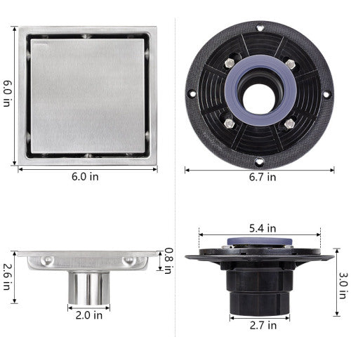 AEELLEEA 6 Inch Square Shower Drain, Stainless Steel Invisible Tile Insert Floor Drain with Adjustable Base for Bathroom Shower