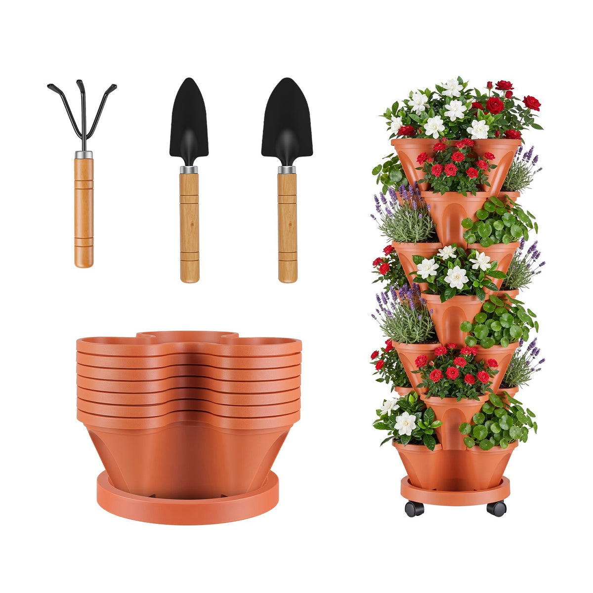 AEELLEEA 7 Tier Stackable Vertical Planter with Wheels, 37.4 in Rolling Strawberry Tower Garden with Drainage and Tools, Brick Red