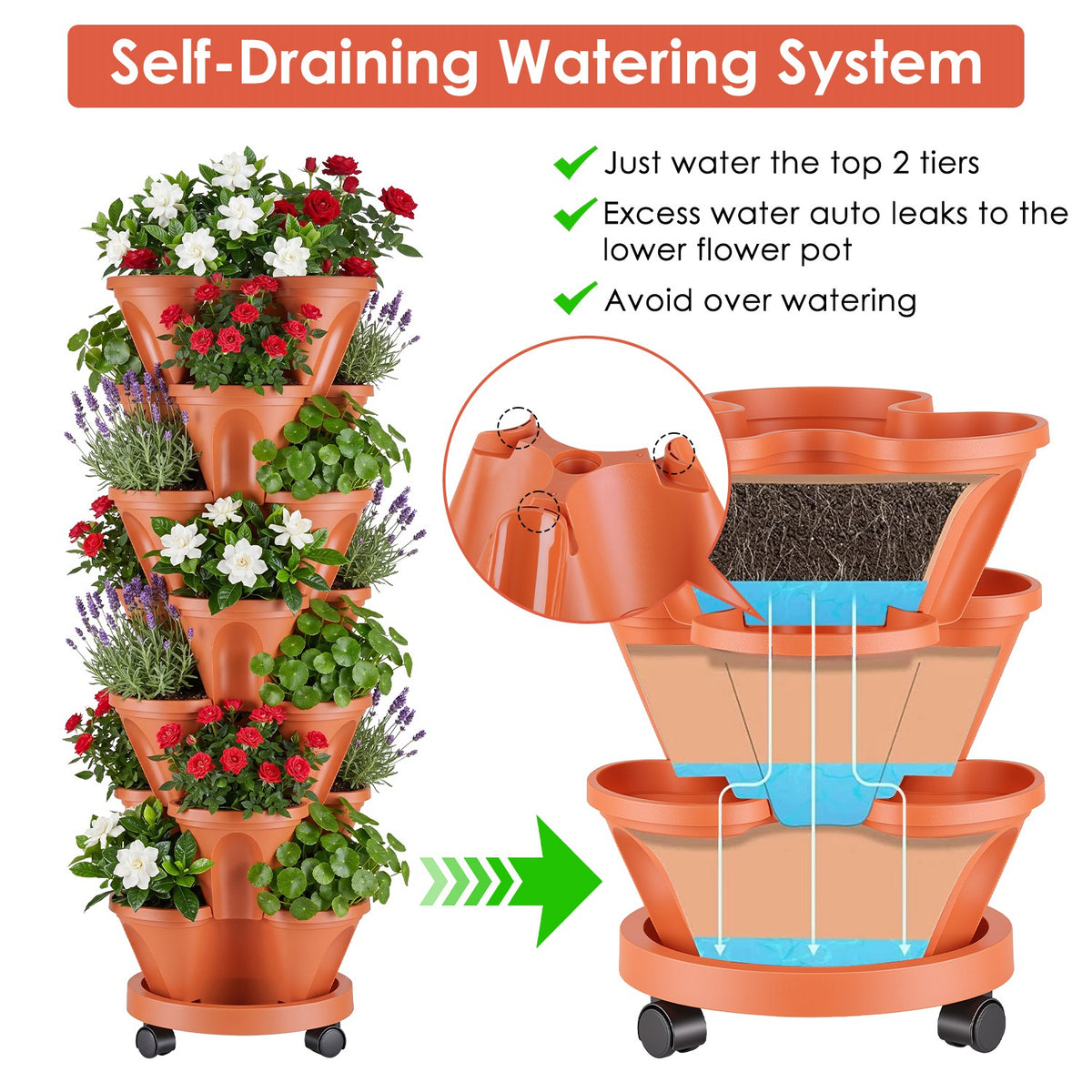AEELLEEA 7 Tier Stackable Vertical Planter with Wheels, 37.4 in Rolling Strawberry Tower Garden with Drainage and Tools, Brick Red