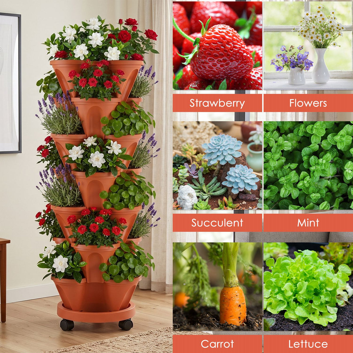 AEELLEEA 7 Tier Stackable Vertical Planter with Wheels, 37.4 in Rolling Strawberry Tower Garden with Drainage and Tools, Brick Red