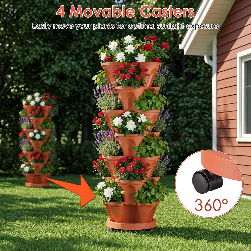 AEELLEEA 7 Tier Stackable Vertical Planter with Wheels, 37.4 in Rolling Strawberry Tower Garden with Drainage and Tools, Brick Red