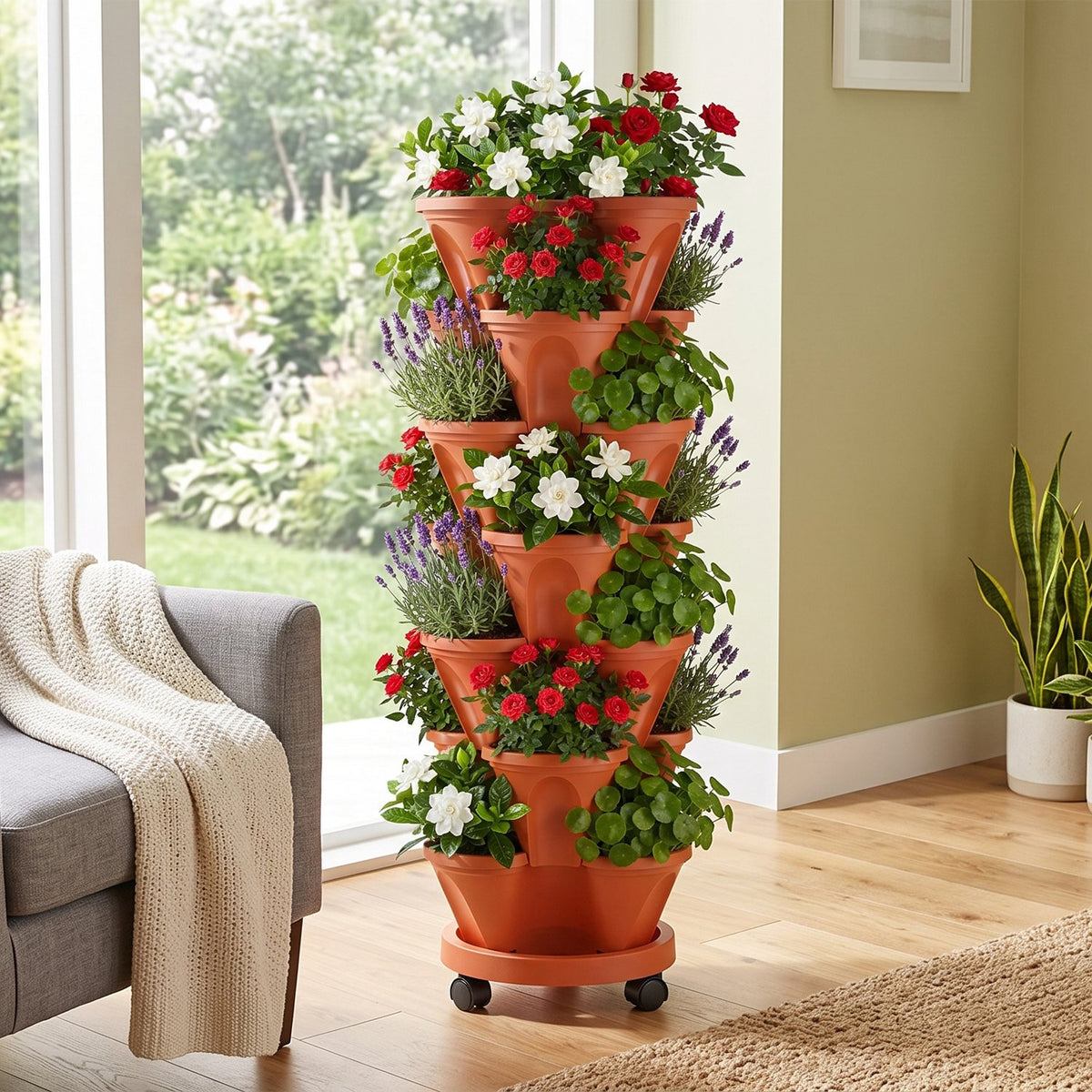 AEELLEEA 7 Tier Stackable Vertical Planter with Wheels, 37.4 in Rolling Strawberry Tower Garden with Drainage and Tools, Brick Red