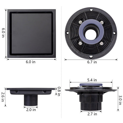 AEELLEEA 6 Inch Matte Black Square Shower Drain, Tile Insert Invisible Floor Drain with Adjustable Base for Bathroom Shower