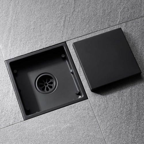 AEELLEEA 6 Inch Matte Black Square Shower Drain, Tile Insert Invisible Floor Drain with Adjustable Base for Bathroom Shower