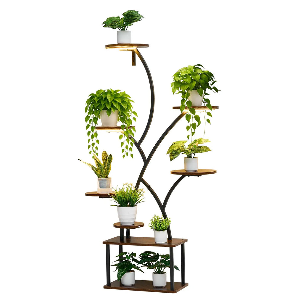 62in 8-Tier Indoor Plant Stand with Full Spectrum Grow Lights, Metal Corner Plant Holder with 3 Timer & 10 Brightness, Tree-Shaped Flower Display Rack for Living Room Balcony