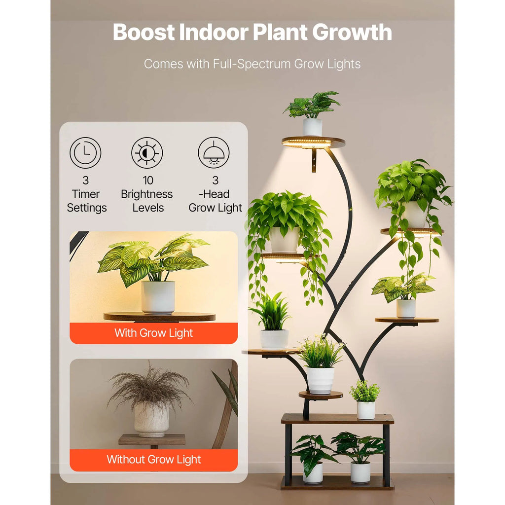 62in 8-Tier Indoor Plant Stand with Full Spectrum Grow Lights, Metal Corner Plant Holder with 3 Timer & 10 Brightness, Tree-Shaped Flower Display Rack for Living Room Balcony