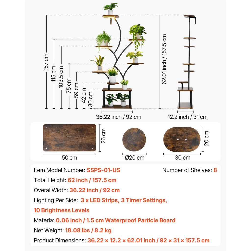62in 8-Tier Indoor Plant Stand with Full Spectrum Grow Lights, Metal Corner Plant Holder with 3 Timer & 10 Brightness, Tree-Shaped Flower Display Rack for Living Room Balcony