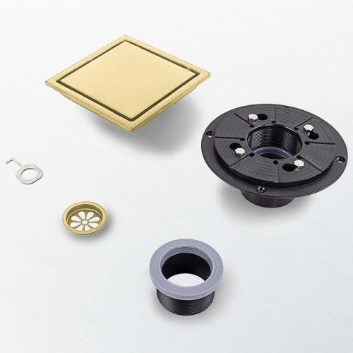 AEELLEEA 6 Inch Brushed Gold Square Shower Drain, Tile Insert Invisible Floor Drain with Adjustable Base for Bathroom