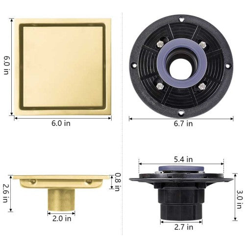 AEELLEEA 6 Inch Brushed Gold Square Shower Drain, Tile Insert Invisible Floor Drain with Adjustable Base for Bathroom