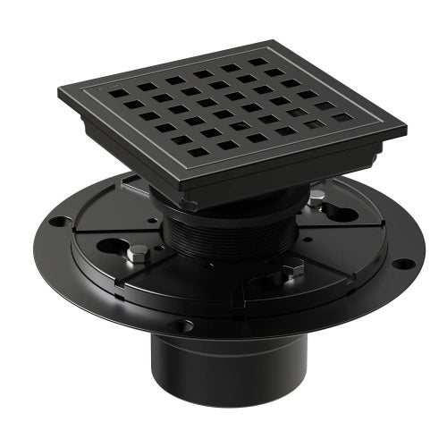 AEELLEEA 6 Inch Matte Black Square Shower Drain, Grid Grate Floor Drain with Adjustable Base for Bathroom Shower
