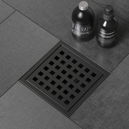 AEELLEEA 6 Inch Matte Black Square Shower Drain, Grid Grate Floor Drain with Adjustable Base for Bathroom Shower