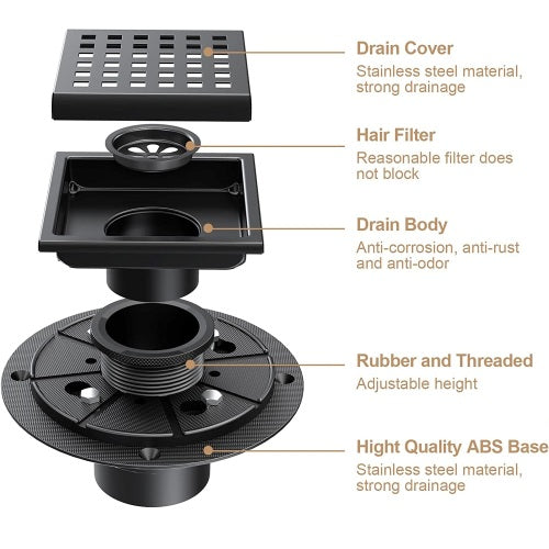 AEELLEEA 6 Inch Matte Black Square Shower Drain, Grid Grate Floor Drain with Adjustable Base for Bathroom Shower
