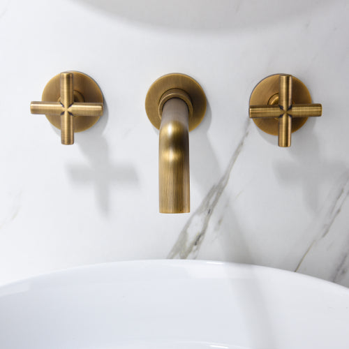 AEELLEEA Antique Brass Wall Mount Bathroom Faucet, 3-Hole 360° Swivel Spout, Cross Handle Widespread Lavatory Sink Tap
