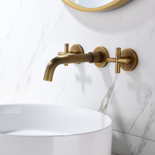 AEELLEEA Antique Brass Wall Mount Bathroom Faucet, 3-Hole 360° Swivel Spout, Cross Handle Widespread Lavatory Sink Tap