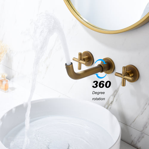 AEELLEEA Antique Brass Wall Mount Bathroom Faucet, 3-Hole 360° Swivel Spout, Cross Handle Widespread Lavatory Sink Tap