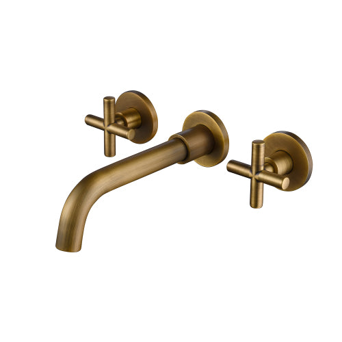 AEELLEEA Antique Brass Wall Mount Bathroom Faucet, 3-Hole 360° Swivel Spout, Cross Handle Widespread Lavatory Sink Tap