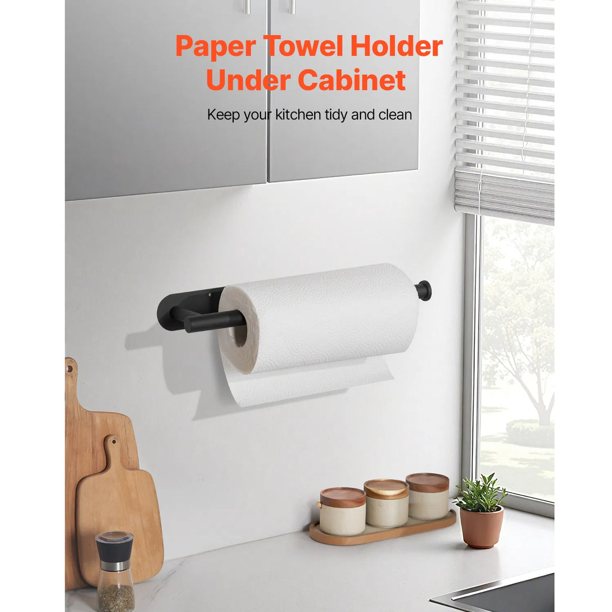 AEELLEEA Under Cabinet Paper Towel Holder, Black Stainless Steel Wall Mount, Self Adhesive or Drilling, 13.2 in for Kitchen