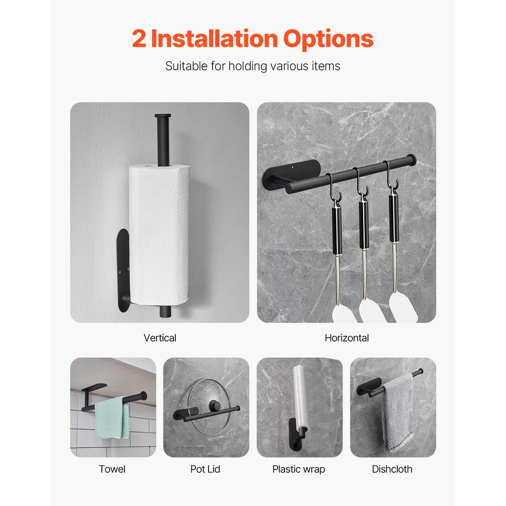 AEELLEEA Under Cabinet Paper Towel Holder, Black Stainless Steel Wall Mount, Self Adhesive or Drilling, 13.2 in for Kitchen